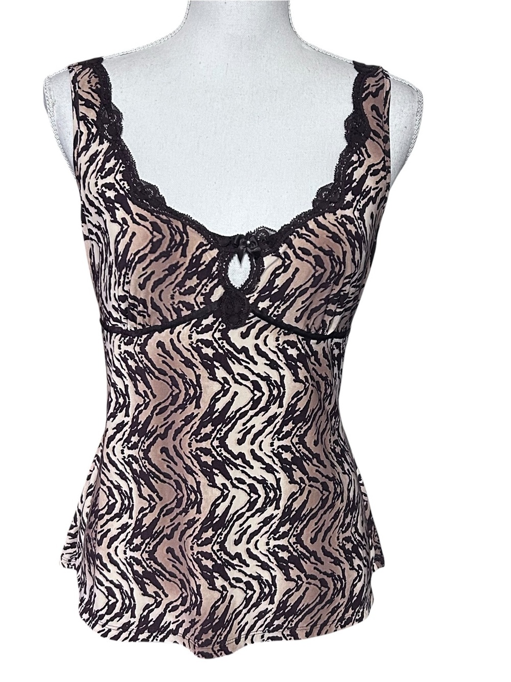 Vtg Linea Donatella Y2K Animal Print Babydoll Top Womens Size M Brown Lace 90s - Picture 1 of 11